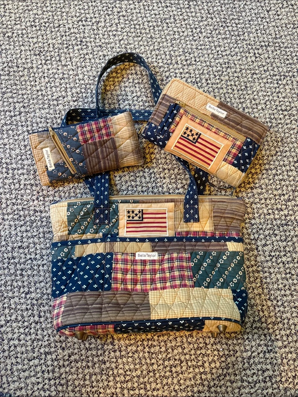 Bela Taylor American Flag Patchwork Quilted Tote, Wallet and Glasses Set